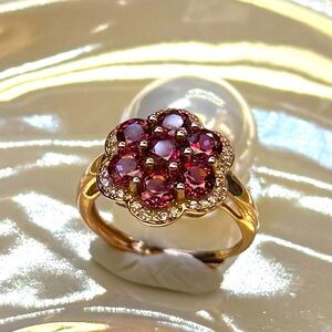 RG1  2.1CT Natural Bohemian Garnet 3D FLOWER Ring 18K Rose Gold over S925